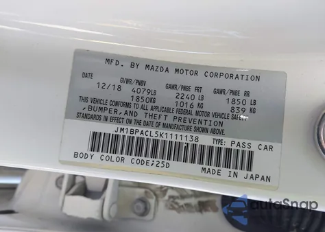 2019 Mazda Mazda3 Select Package z USA, uszkodzony, nr VIN JM1BPACL5K1111138